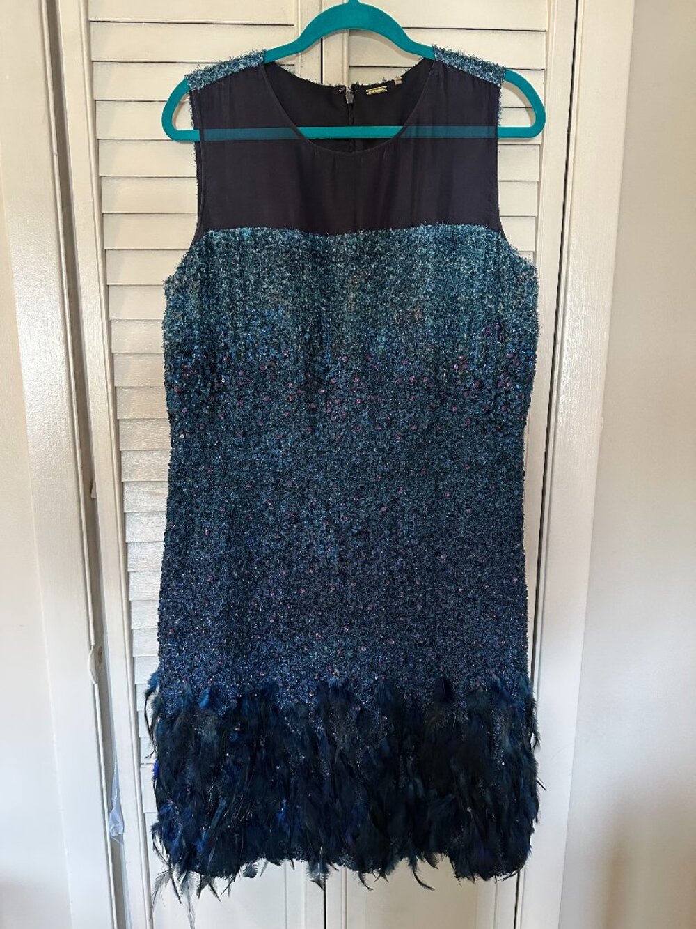 Tahari Teal Sequin Feather Trim Cocktail Dress Sheer Neckline Size 16